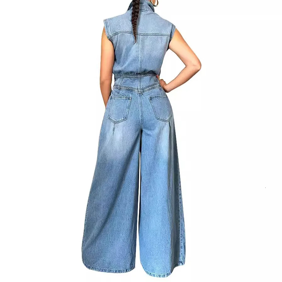 Jumpsuits Women One Piece Denim Jeans Overalls Sleeveless High Waist Turn Down Collar Wide Leg Long Pants Rompers Summer 250619