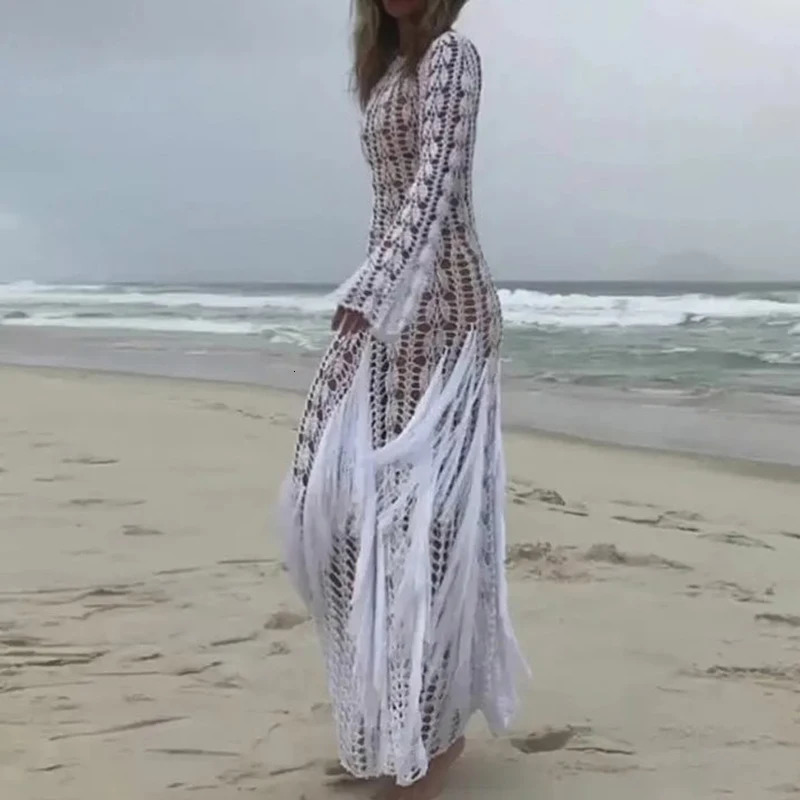 Fashion Fringe Patchwork Slim Long Robe Dress Beach Holiday Hollow Knitted Womens Dress 2025 Casual Summer Long Sleeved Dresses 250619