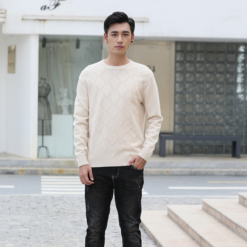 Autumn Winter New Mens Round Neck Diamond Pattern Solid Color Plus Size Sweater Thick Jacquard Casual Knitted Base Andy Fleece 231128