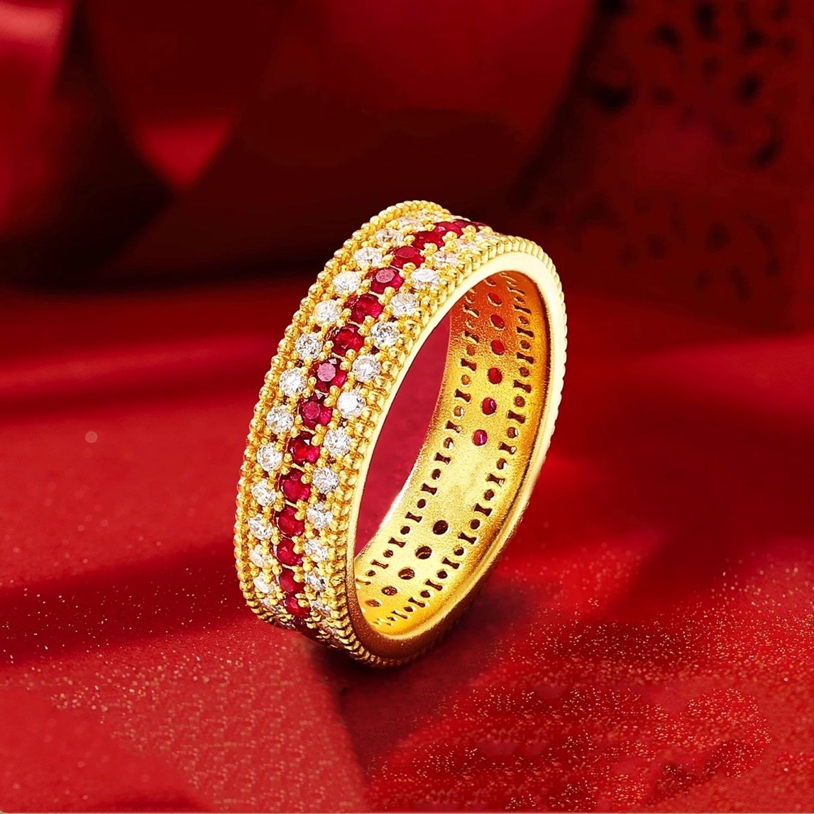 Ruby Ring, Women's Fashion, 925 Silver Inlaid Ruby, Starry Sky, Three Rows Full Moissanite Diamond Ring