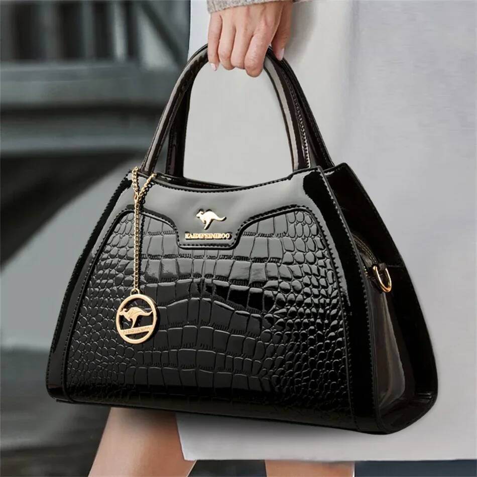 DHSM Patent Leather Handbags for Women Designer Crocodile Pattern Women's Shoulder Crossbody Bag Hobos Ladies Messenger Stone