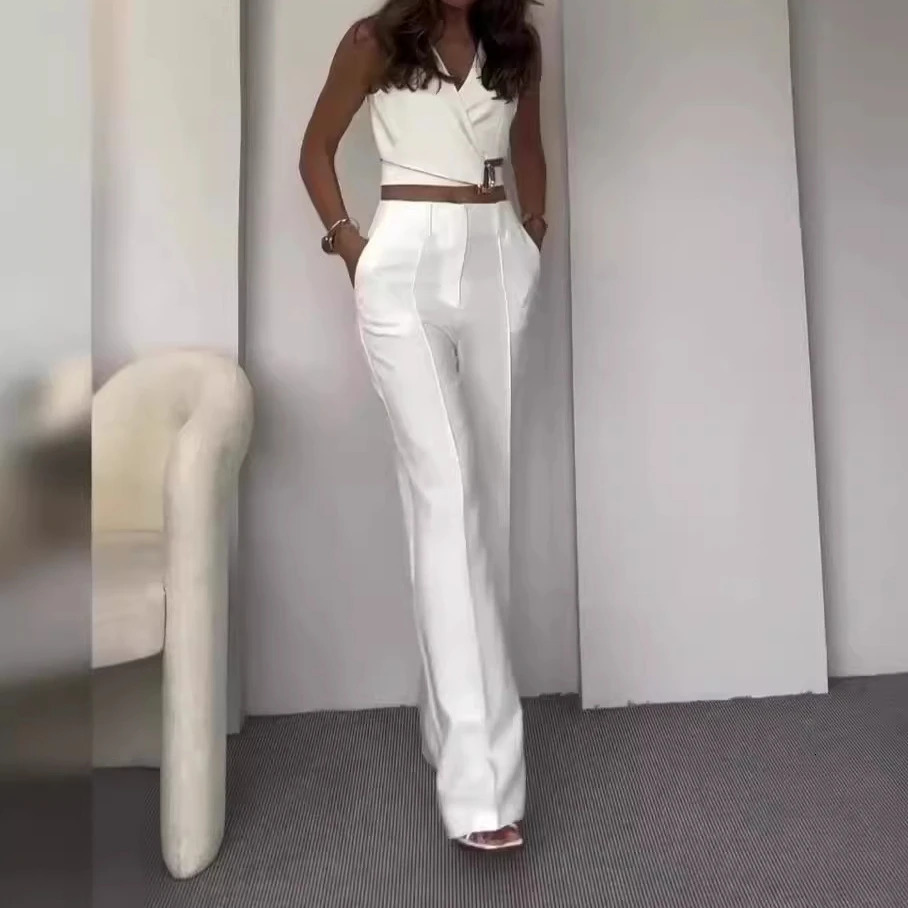 White Vest Tops Two Piece Sets Women Pants Set Round Neck Sleeveless Button High Waist Wide Leg Long Pants Slim Fit Elegant 250619