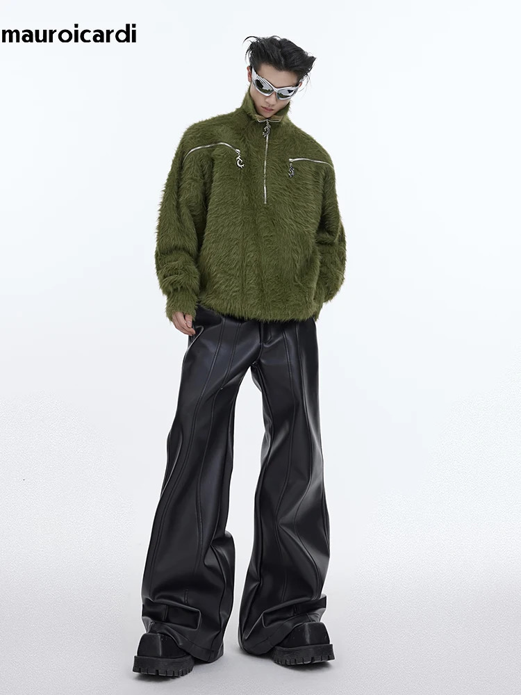 Mauroicardi Autumn Cool Handsome Long Black Matte Baggy Pu Leather Wide Leg Pants for Men High Waist Emo Clothes 250614