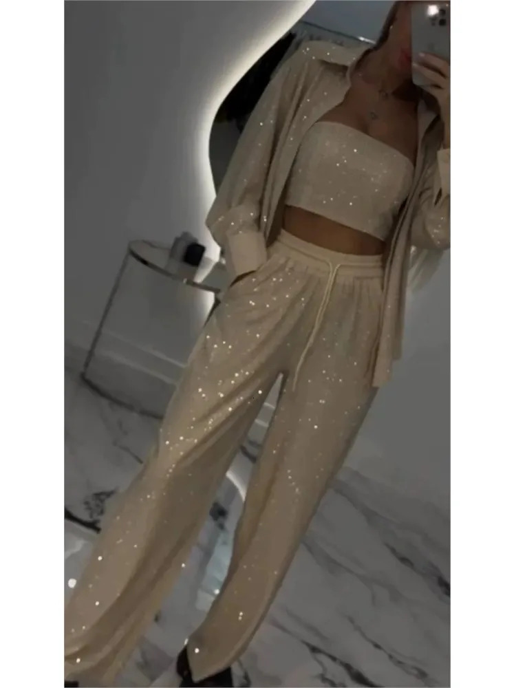 2025 Spring Fashion Sequin Women 3 Piece Sets Elegant Club Party Multi-color Outfit Casual Lapel Shirt Wide Leg Pant Set 250619