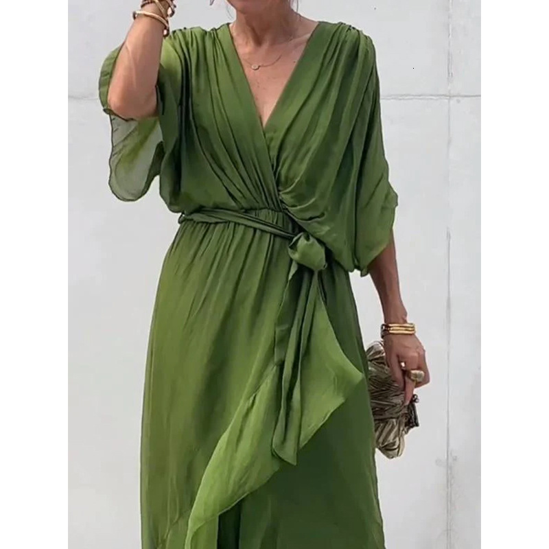 Designer Plus Size Dress2025 New European And American Women's Fashion Cross-border Amazon Solid Color Tie Long Dress Batwing Sleeve Irregular Dr