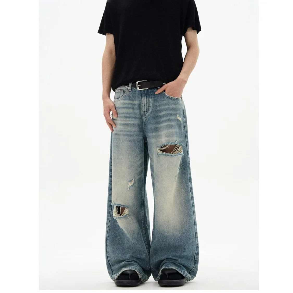 DM Mens Jeans Cat Whisker Ripped Deisgn Summer Hole Stylish Loose Straight Wide Leg Male Casual Trousers 250617