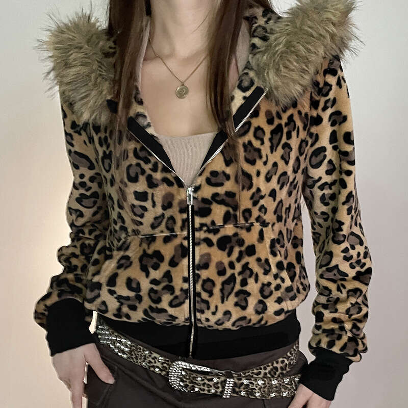 Autumn Winter New Leopard Print Patchwork Hooded Zipper Jacket Women's Fashion Street Style Warm Plush Coat B5