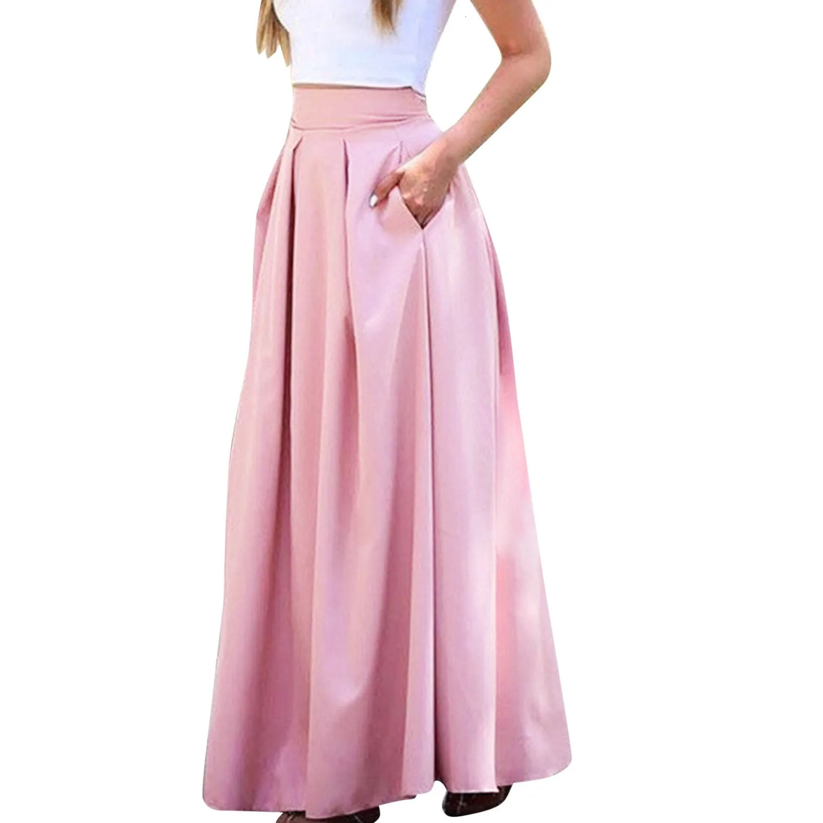 Spring Summer Office Lady Pleated Skirt Women High Waist A Line Floor Length Skirt Faldas With Pockets Solid Baggy Maxi Skirt 250619