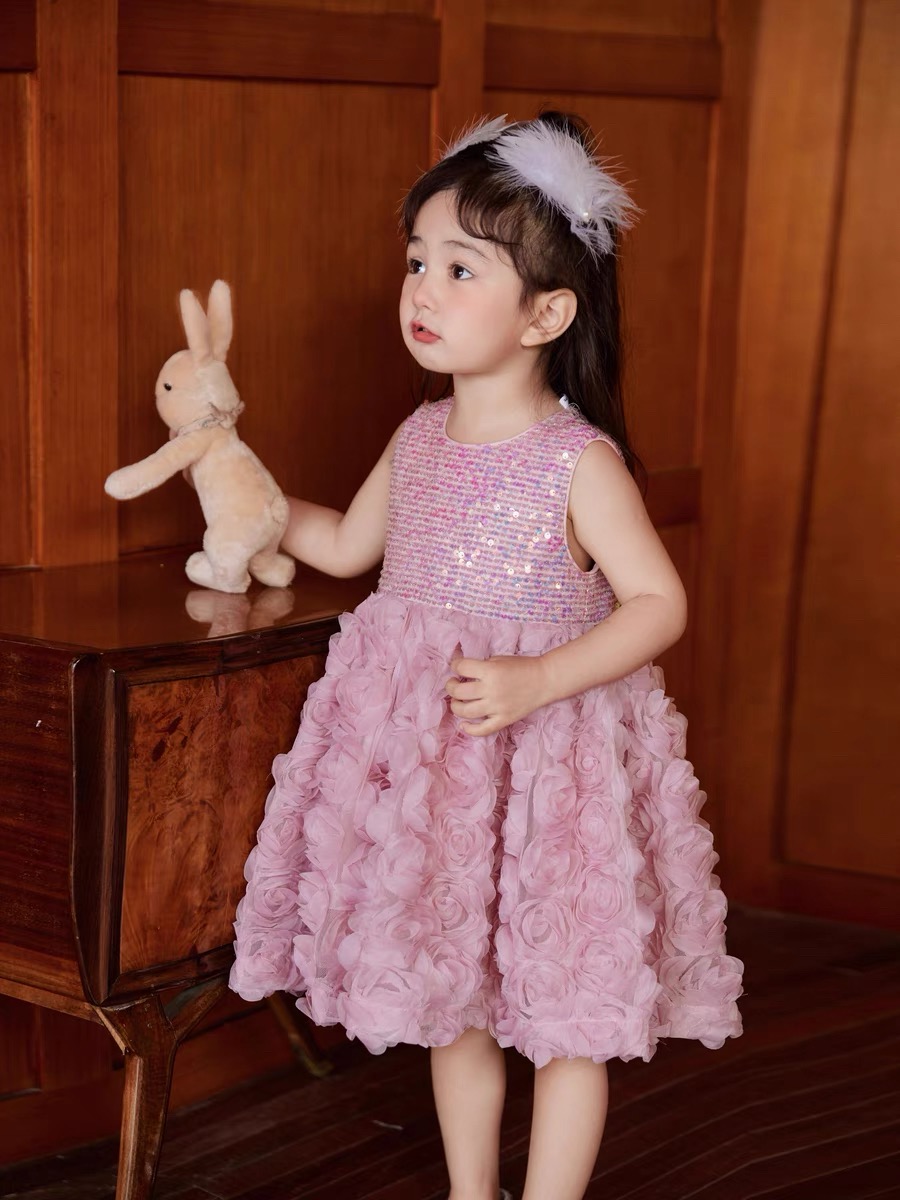 Girl's sequined rose dress formal dress birthday party dress casual fashion Summer casual dress