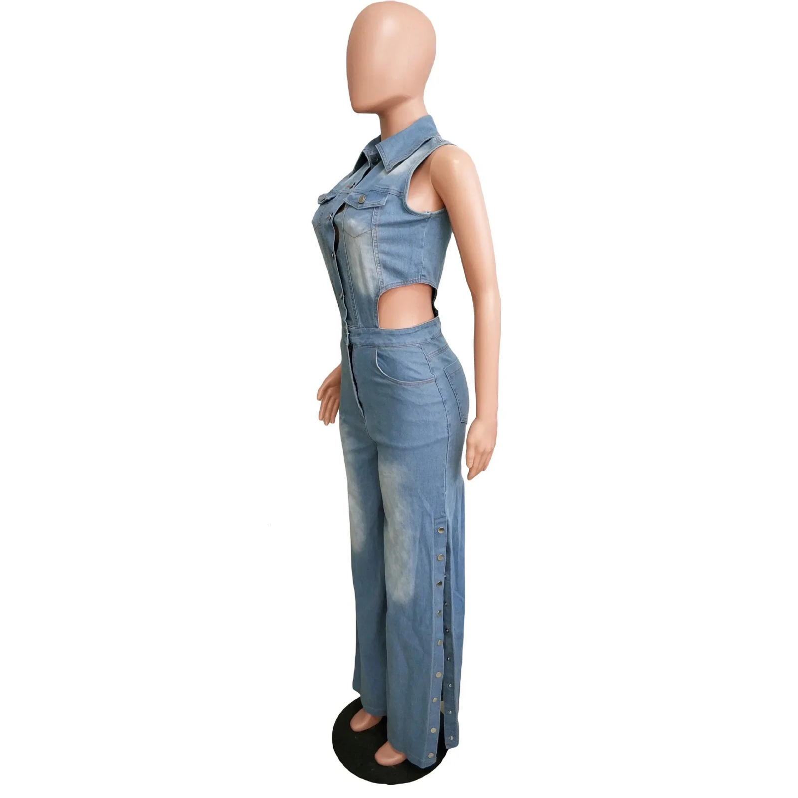 Jumpsuits Women Denim Pants One Piece Sleeveless Turn Down Collar Overalls Sheath Sexy Straight Long Pant Rompers Slim Fit 250619