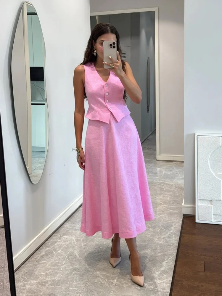 Women Vest Skirt Suit Solid V-neck Single Breasted Sleeveless Short Top Wide Leg Skirts Female Elegant Summer Lady Beach Wears 250619