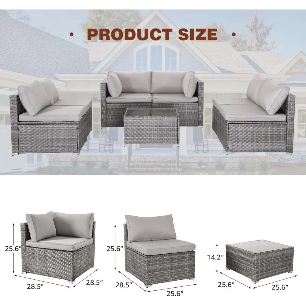 7 Pieces Patio Furniture Set, Patio Modular Patio Set Wicker Outdoor Sectional Sofa Set PE Rattan Wicker Patio Conversation Set, Gray Wicker/Gray Cush