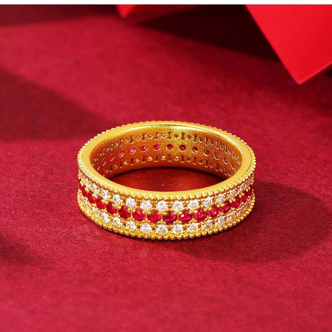 Ruby Ring, Women's Fashion, 925 Silver Inlaid Ruby, Starry Sky, Three Rows Full Moissanite Diamond Ring