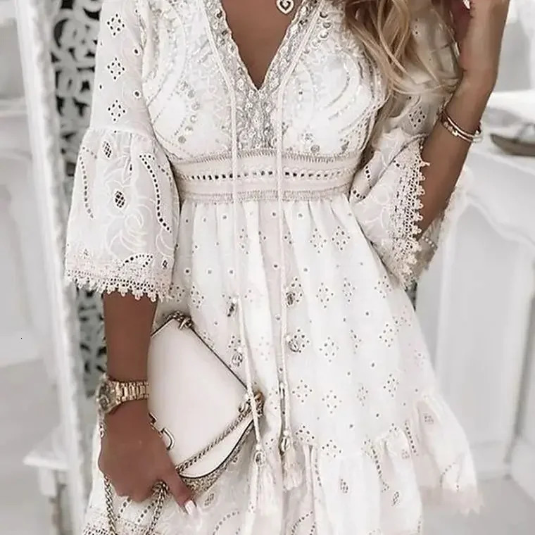 Hollow Out Summer Dress for Women Female V Neck Long Sleeve White Dresses Loose Solid Casual Women Beach Holiday Dress Vestidos250616