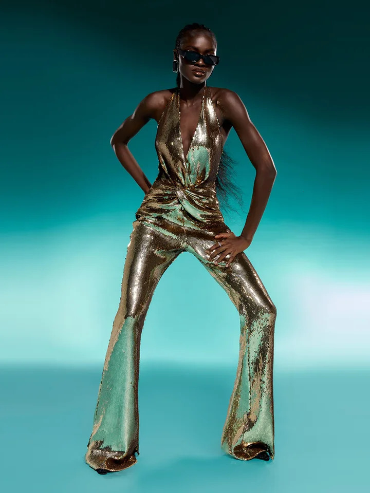 Womens Sleeveless Gold Sequin Jumpsuit Sexy V Neck Sparkle Sequined High Waist Wide Leg Pants Jumpsuit Celebrity Evening Party 250617