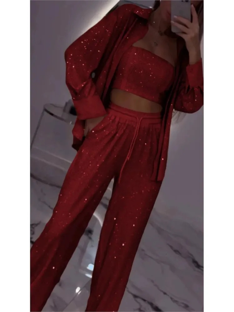 2025 Spring Fashion Sequin Women 3 Piece Sets Elegant Club Party Multi-color Outfit Casual Lapel Shirt Wide Leg Pant Set 250619