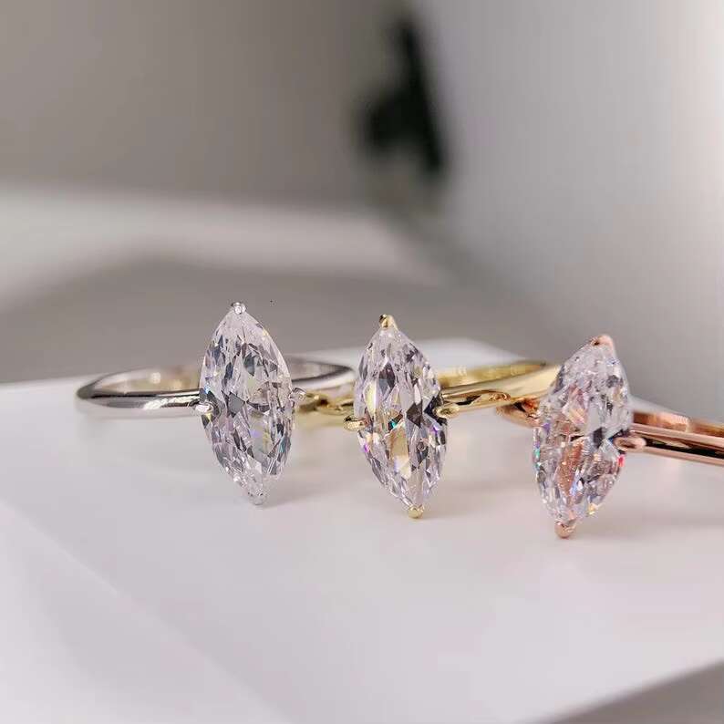 925 Sterling Silver Gold Plated Original Moissanite Gemstone Engagement Ring Customizable Marquise Cut Fine Jewelry