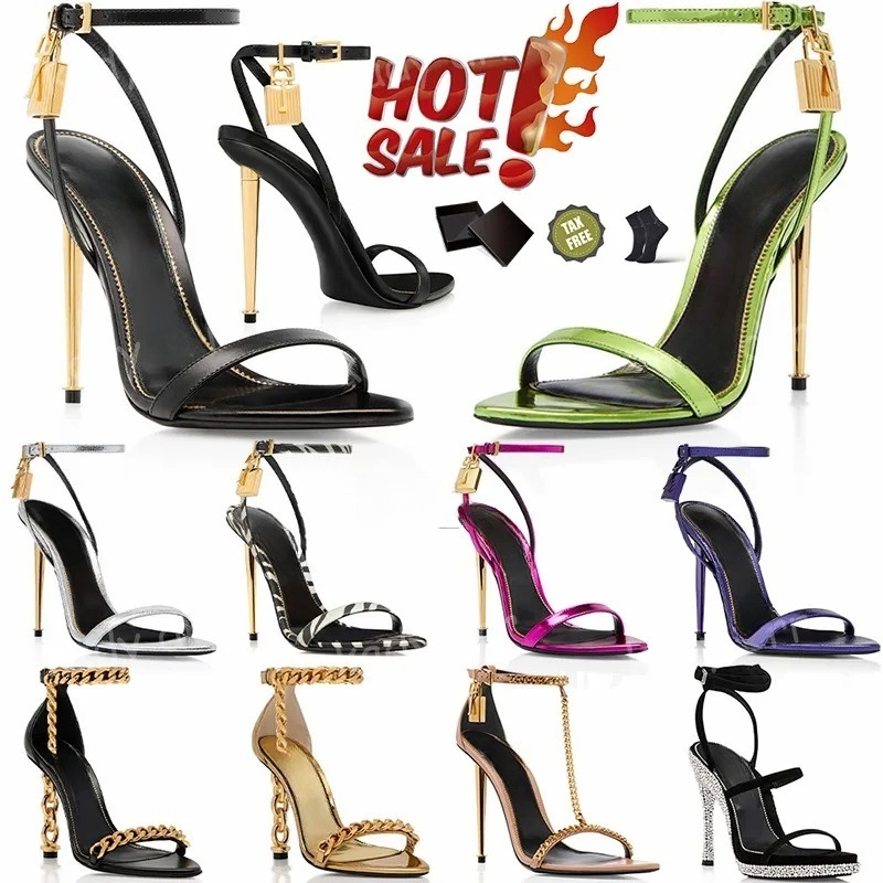 Designer Classic Women Shoes Metal Heel Lock Metallic Leather Sandals Female Luxury Open Toe Stiletto High Heels Shoes Lady Elegant Party Ankle Strap Sandals