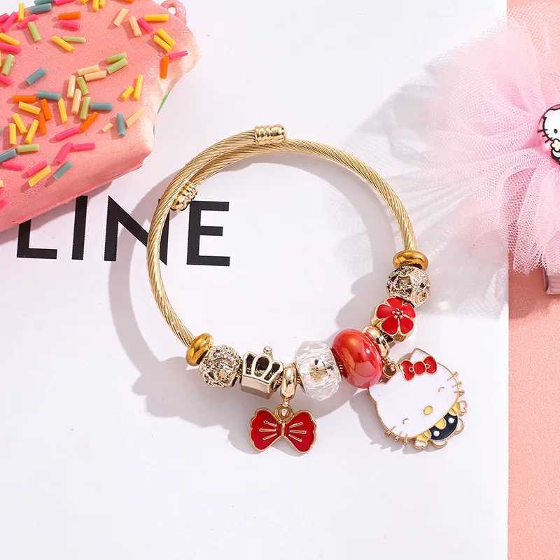 Sanrio Sweet Cartoon Cute Hello Kitty Flower Bowknot Charms Bracelets for Women Girls Sanrio Gold Color Stainless Steel Bangle Jewelry w250716