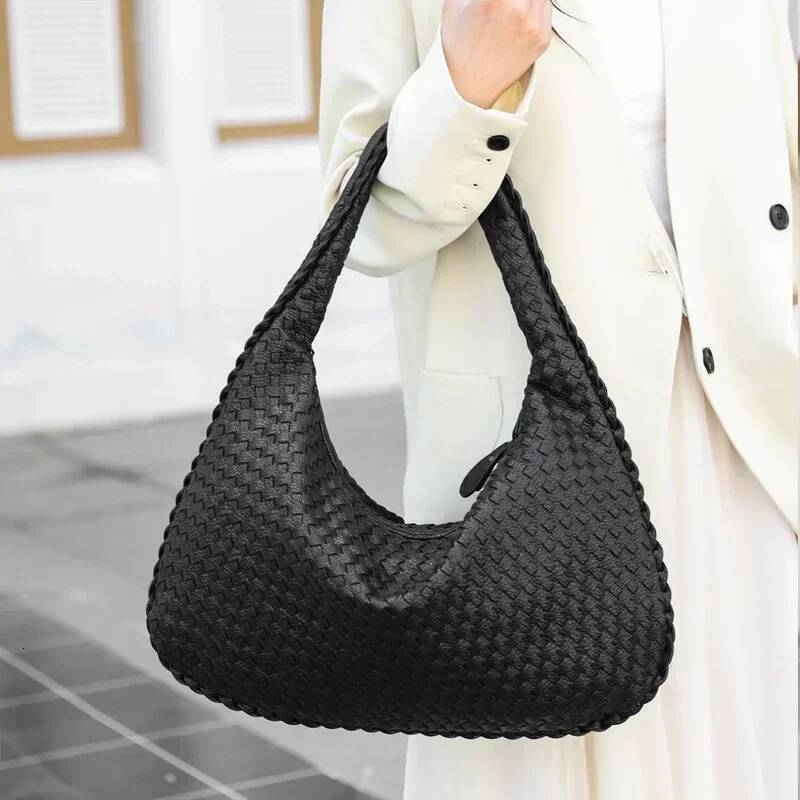 DHSM Tote for Women Evening Bags Woven Pu Leather Messenger Fashion Designer Handbag High Quality Black Gray Blue Shoulder