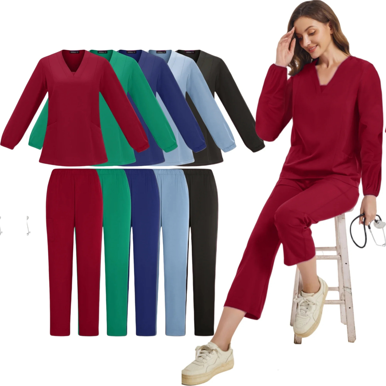 Uniforms Woman Nursing Long Sleeve Scrubsuit Scrubs Hospital Top V-Neck Doctor Nursing Long Scrubs Jogger Sets 250619