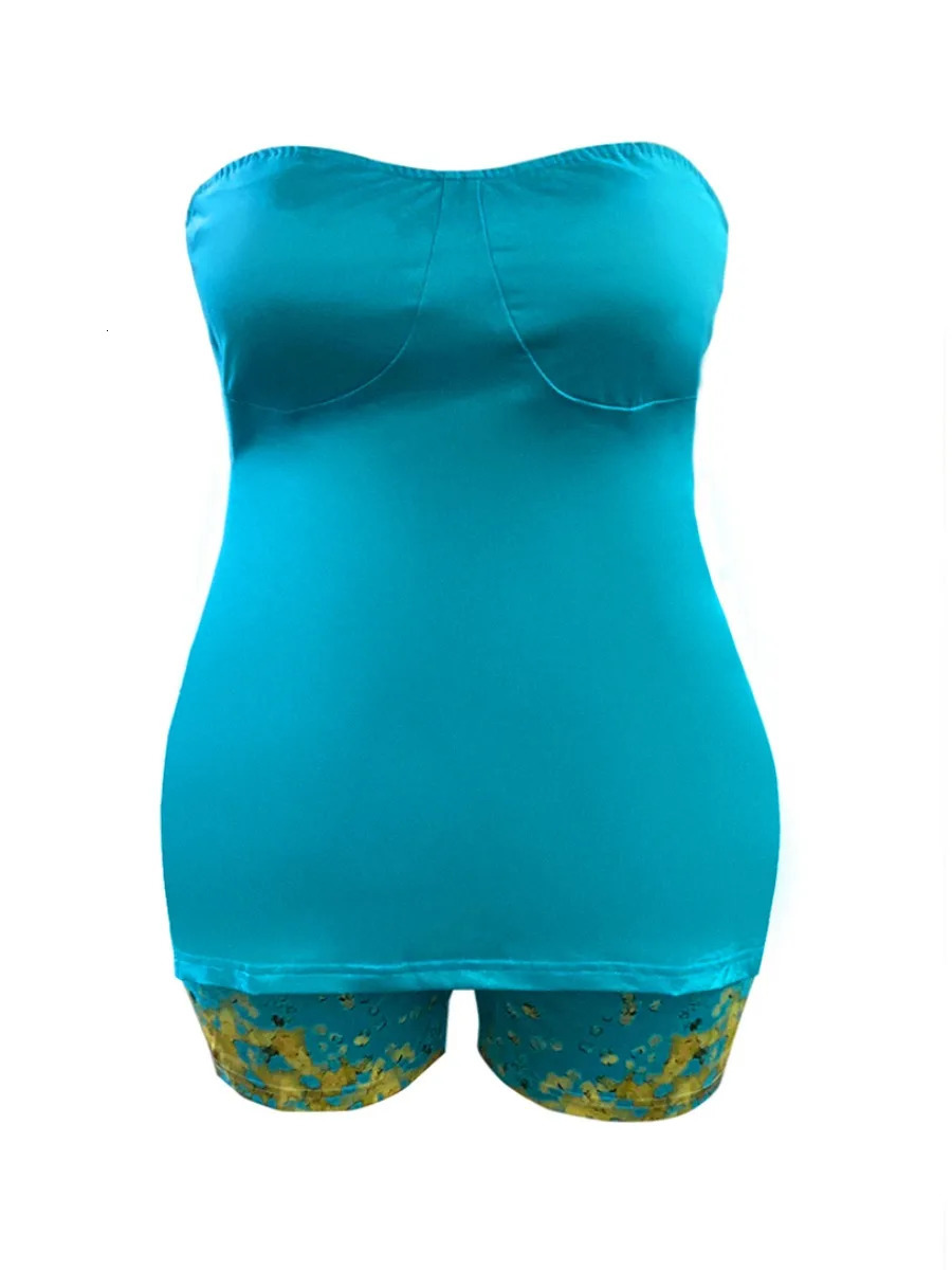 LW Plus Size shorts sets Off The Shoulder Print Split Shorts Set summer short sleeve Tshirt casual 250609