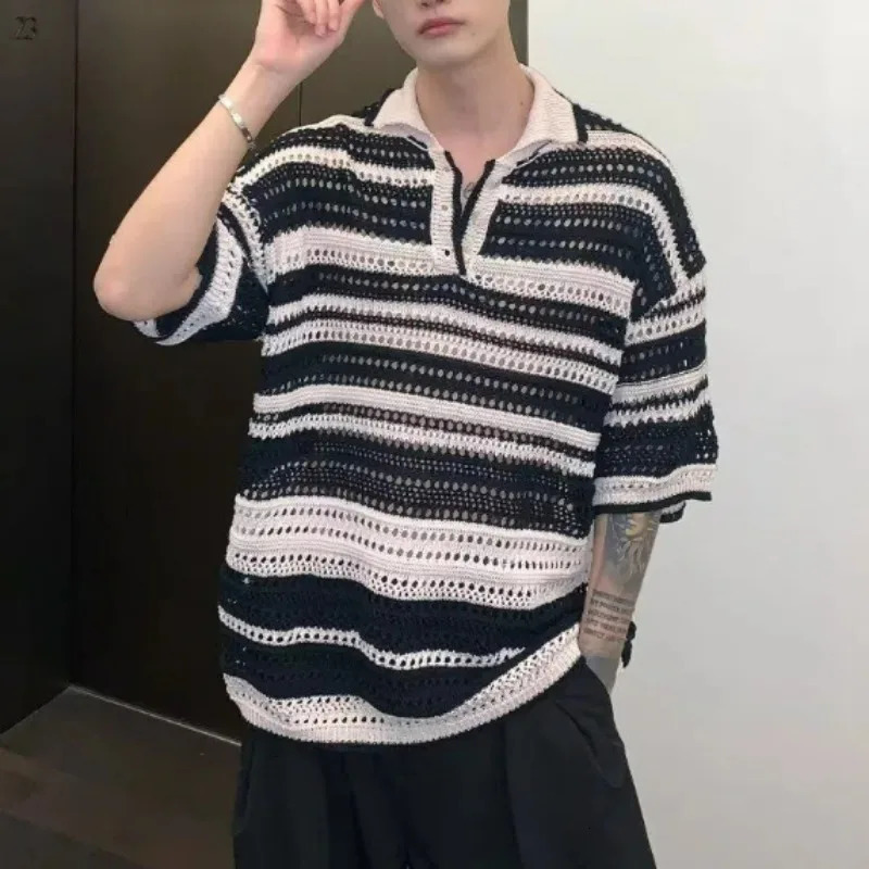 Men Summer Fashion Vintage Rainbow Striped Hollow Polo Collar Knitted T Shirt Casual Streetwear Short Sleeve Loose Pullover Tops 250617