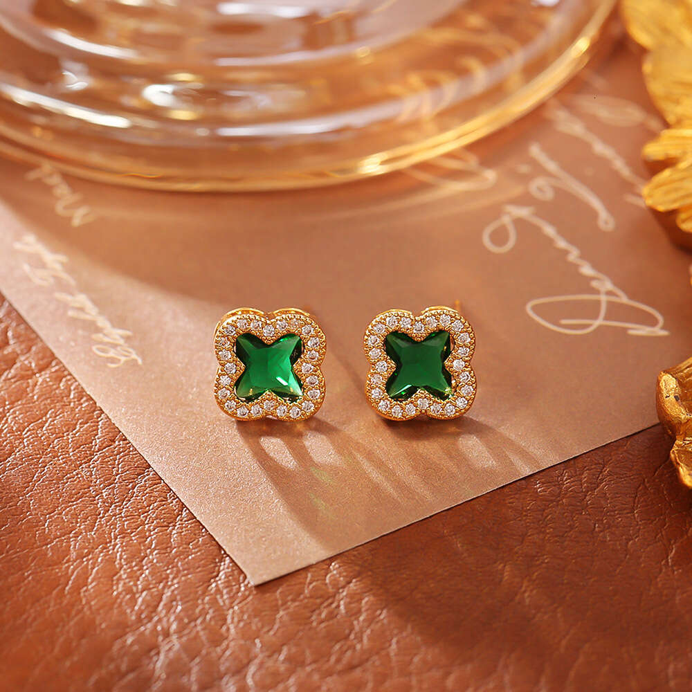 designer Exquisite Colorful Zircon Clover Fashion High-end Daily Versatile Temperament Sweet Cool Style Earrings