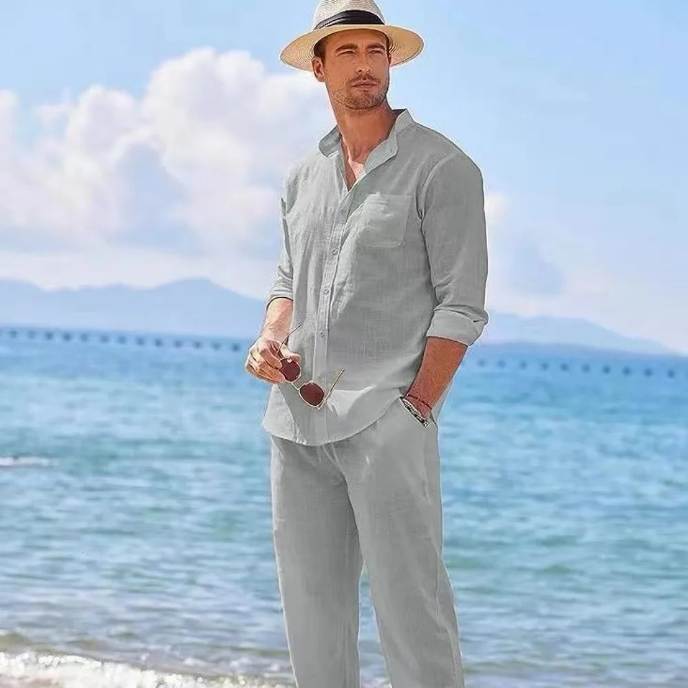 Sports Suit Mens Sets Beach Casual Loose Suit Long Sleeve Shirt Trousers Two-piece Suit Menswear 250619