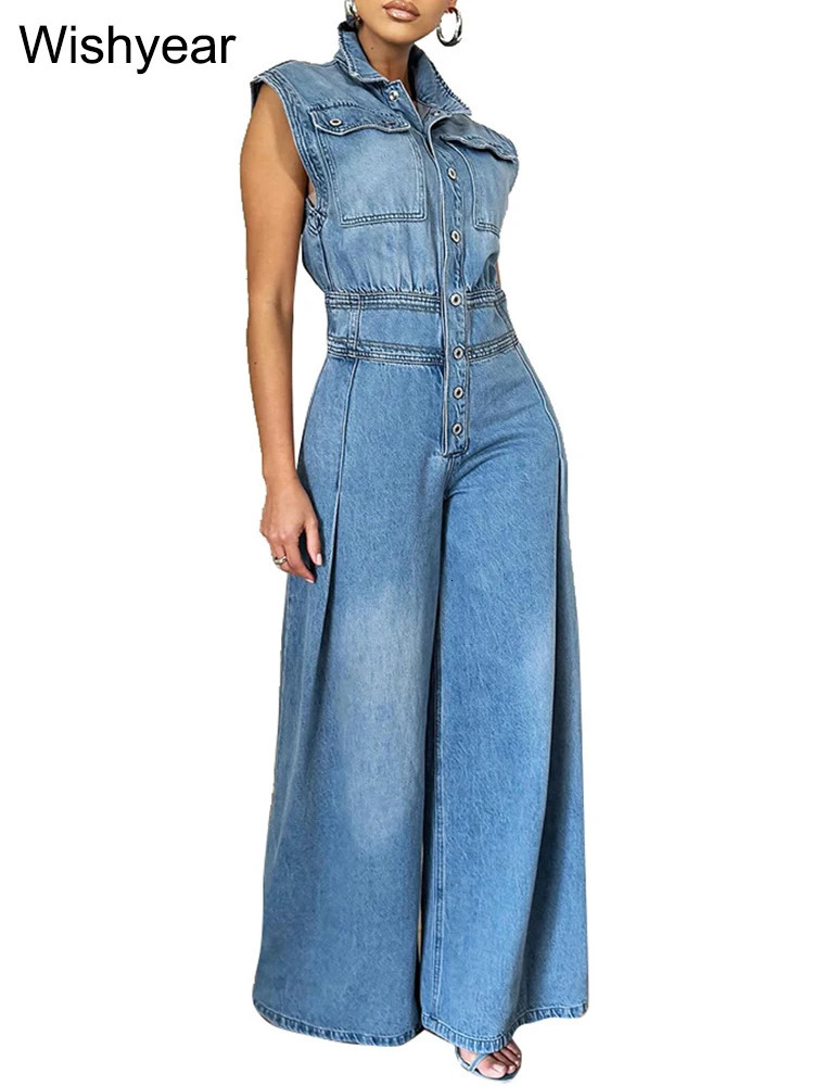 Vintage Loose Denim Wide Leg Pants Jumpsuit Women Pocket Sleeveless Single Breasted Baggy Jean One Piece Rompers Street Overalls 250619