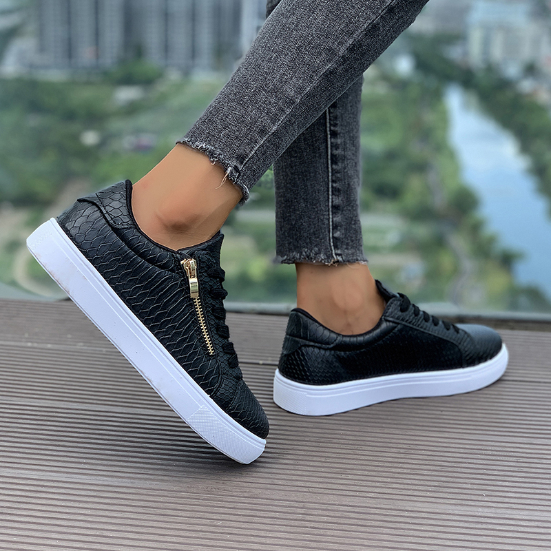 Women's Flat Sneakers Lightweight Comfortable Women's Board Shoes Fashion Hundred Snakeskin Pattern Side Zipper White Casual Shoes