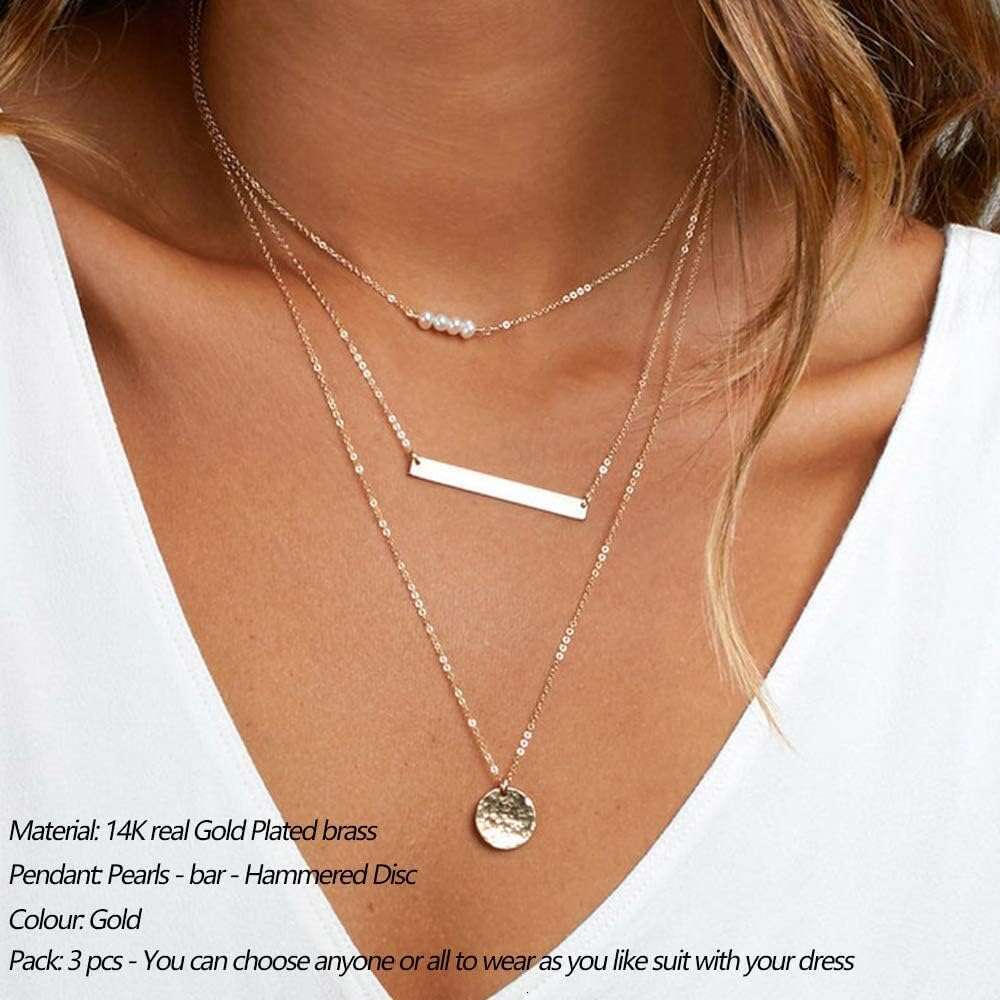 1 set Dainty Layered Necklace, Handmade 14K Gold Plated Y Pendant Multi-layer Bar Disc Necklace Adjustable Layering Choker Necklaces Women, Prefect gi
