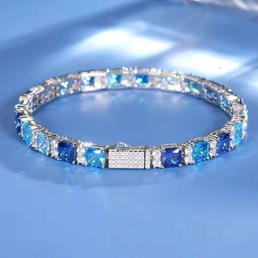 Unique VVS Moissanite Ocean Blue Tennis Bracelet 925 Sterling Silver Elegant Fine Chain Link Design Valentine Special Gift