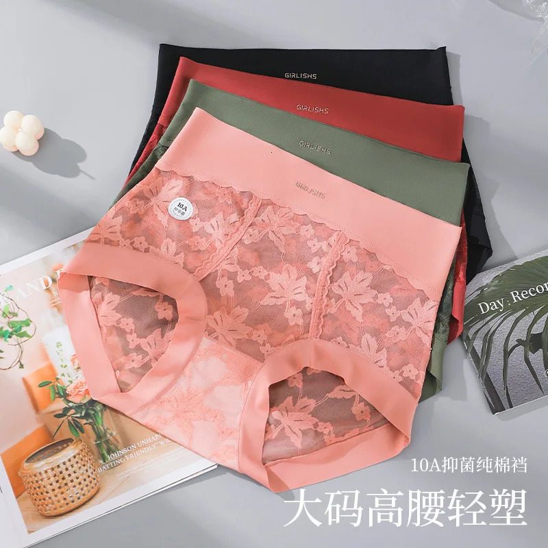 French Lace High Waist Plus Size Womens Panties 100KG Cotton Tummy Control Hip Lift Antibacterial Extended Sexy Underwear 250609