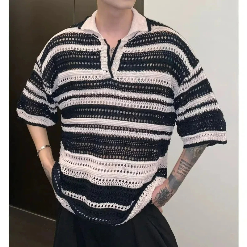 Men Summer Fashion Vintage Rainbow Striped Hollow Polo Collar Knitted T Shirt Casual Streetwear Short Sleeve Loose Pullover Tops 250617
