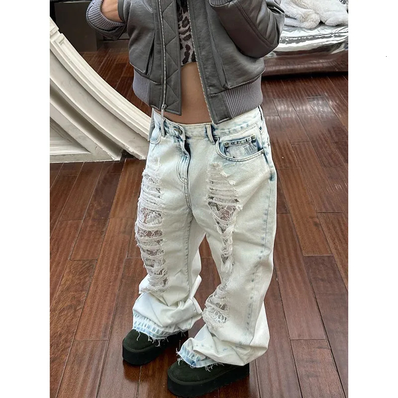 Light Blue Womens Ripped Jeans High Waist Vintage Classic Straight Baggy Denim Pants Street Y2K American Style Wide Leg Denim 250619