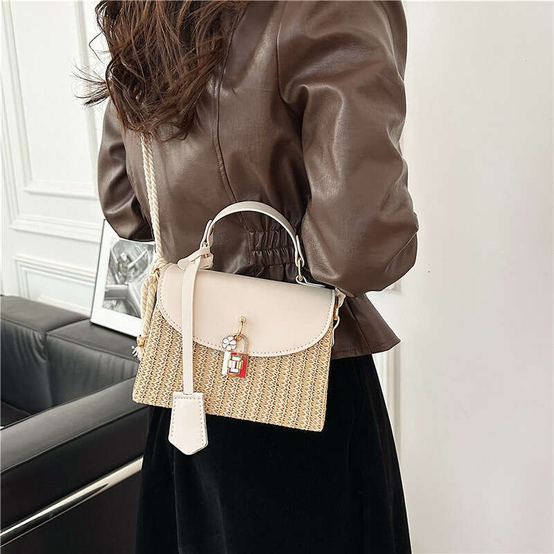 Straw Woven Single Shoulder Crossbody for Women 2024 Lock Simple Versatile Chain Commuter Small Square Bag Bags