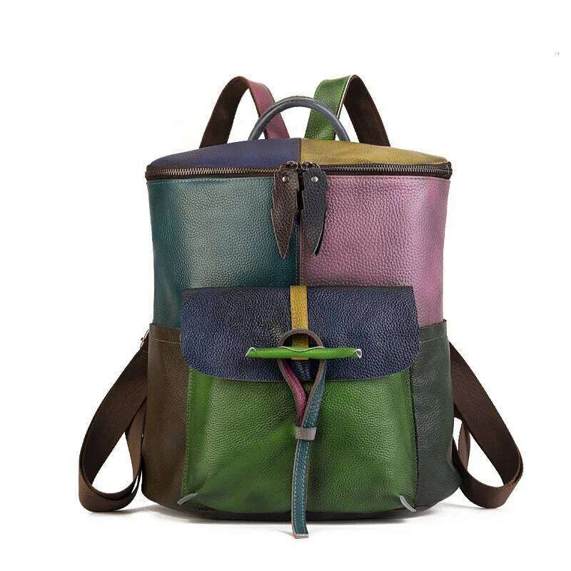 Patchwork Genuine Backpack Woman Real Cow Leather Shoulder Bags Fashion Ladies Cowhide Travel Tote Bag