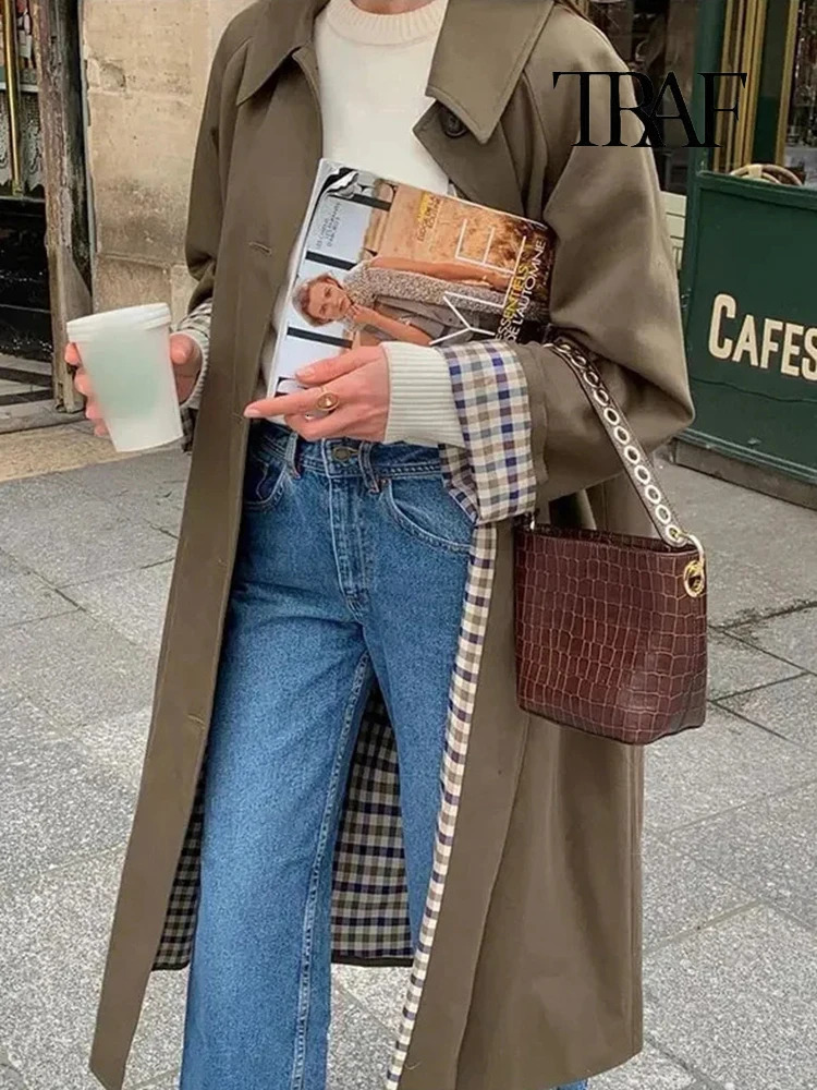 TRAF Womens Fashion Long Trench Coat Retro Loose Single-breasted Coat Autumn and Winter Lapel High Street Temperament Coat 250619