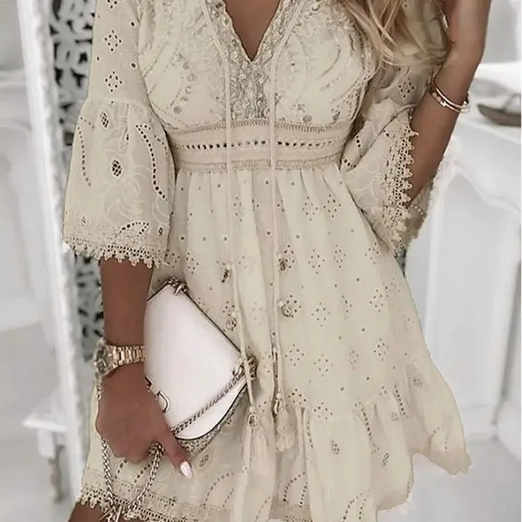 Hollow Out Summer Dress for Women Female V Neck Long Sleeve White Dresses Loose Solid Casual Women Beach Holiday Dress Vestidos250616