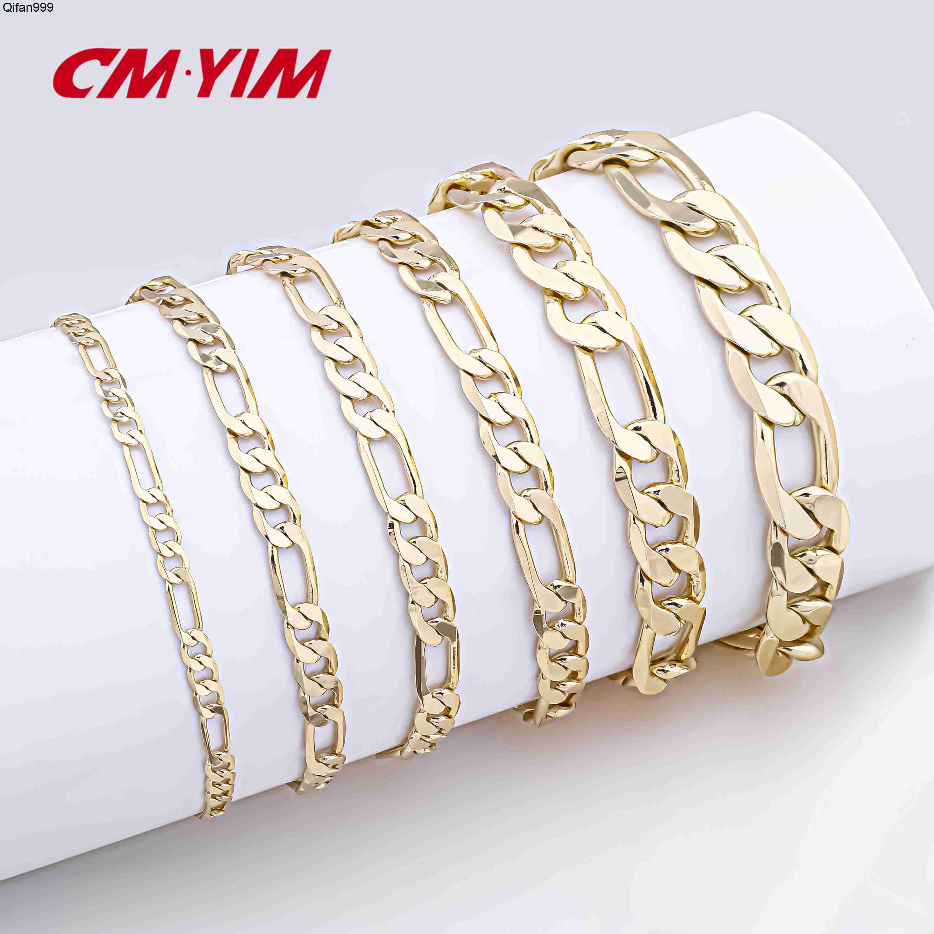 14K Gold Plated Pulseras NK 3-1 Figaro Chain Bracelet Multiple Width Chunky Bracelets Miami Cuban Link Bracelet for Women Men
