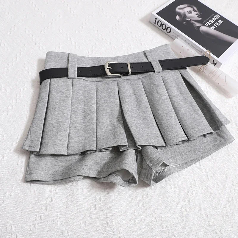 Kimotimo Womens Shorts Autumn Winter Belt High Waist Fluffy Pleated A-line Short Pants Korean Fashion Sexy Y2k All Match Clothes 250619