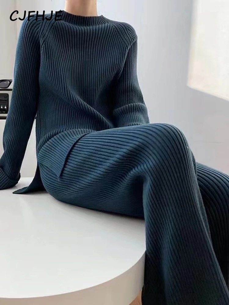 CJFHJE Knitted Sweater Suit Women Elegant Solid O-Neck Pullovers Wide Leg Pants Suit Lady Winter Soft 2 Piece Set Homewear 250619