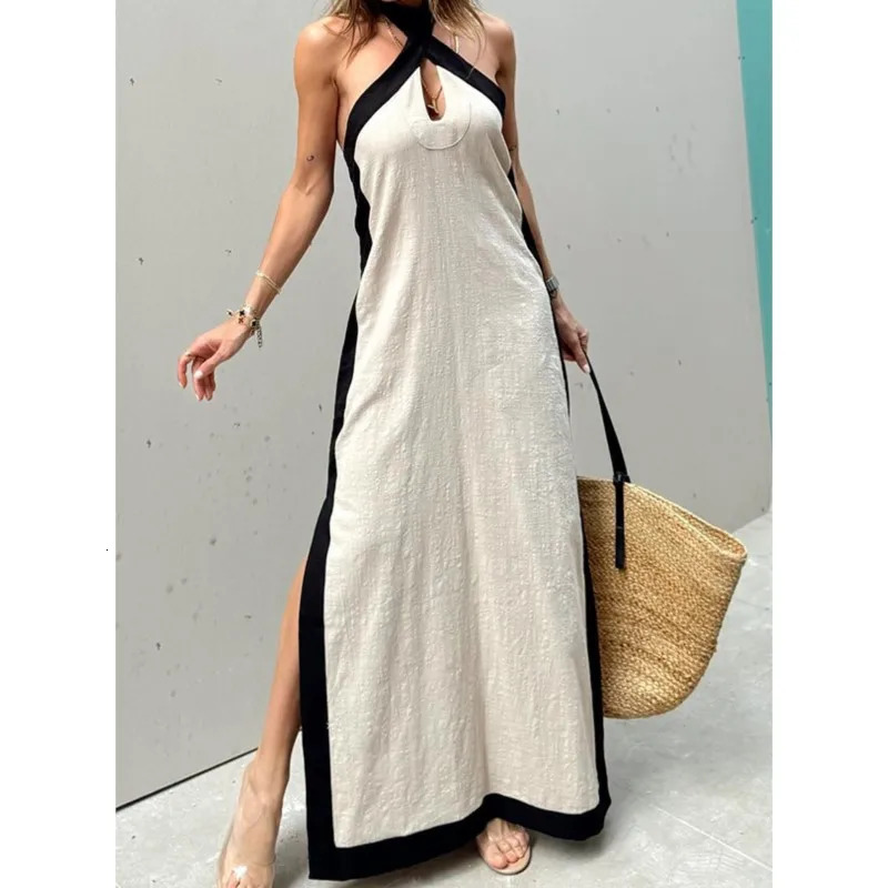 Boho Summer Sexy Womens Dress Style Cotton Linen Backless Halterneck Slit Vintage Prom Dresses For Women Maxi Robe Femme 250619