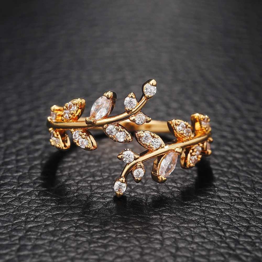 Huitan Fancy Leaf Design Adjustable Opening Rings for Women Sparkling Cubic Zirconia Olive Ring Party Daily Wear Fashion Jewelry M250620