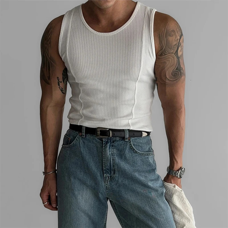 Casual Stretch Slim Mens Tank Tops Fashion Simple Solid Color Ribbed Vest Summer Streetwear Trendy All-match Mens Camisoles 250619