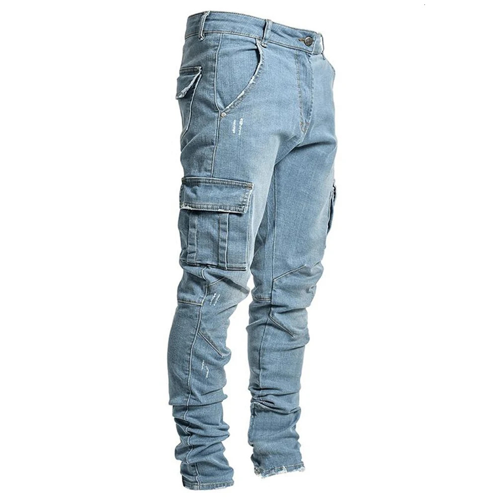 Fashion Streetwear Ripped Skinny Jeans Men Side Mulit Pockets Denim Cargo Pants Slim Fit Pantalones Hombre Soft Elastic Joggers 250619