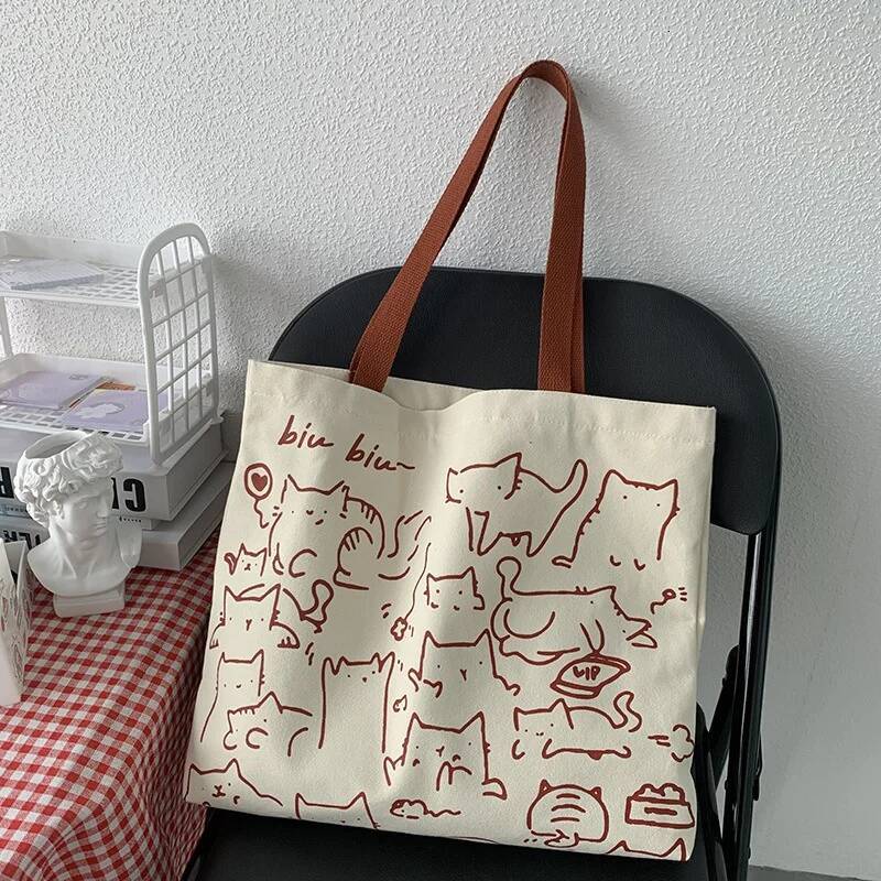 DHGM Canvas Handbag for Women Shopper Cute Cat Tote with Zipper Designer Bag Japanese Style Cartoon Small Shoulder Bags