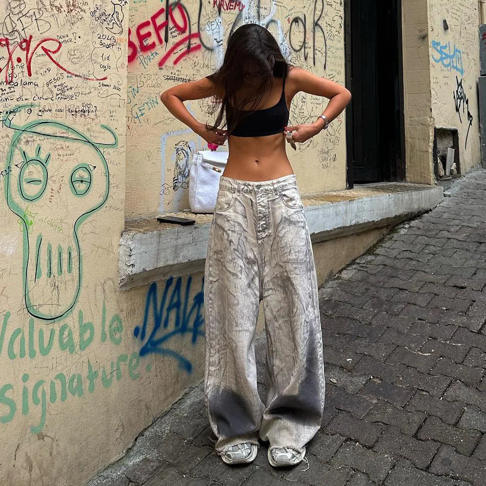 spring autumn female women girls cotton stretch streetwear Graffiti low waist wide leg jeans 250619