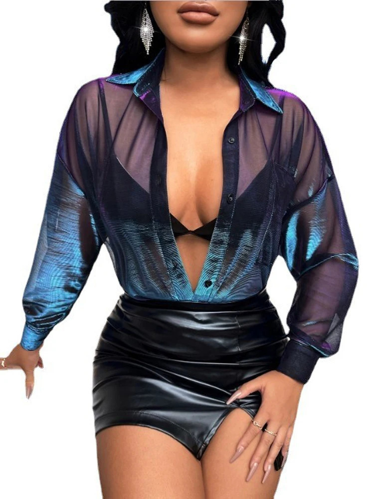 Fashionable laser color changing bright silk see-through loose temperament long-sleeved shirt 250619